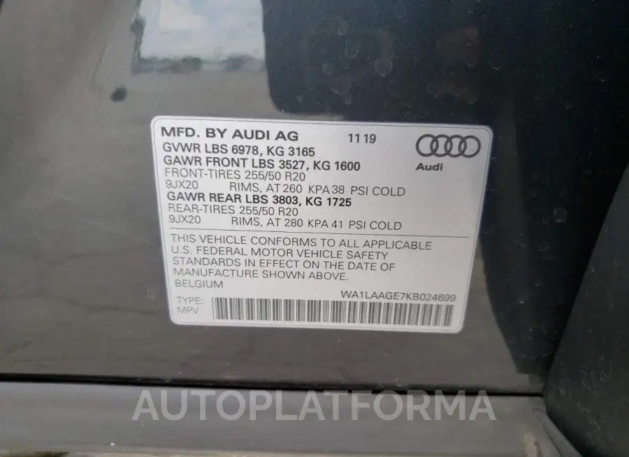 AUDI E-TRON PRE 2019 vin WA1LAAGE7KB024699 from auto auction Copart