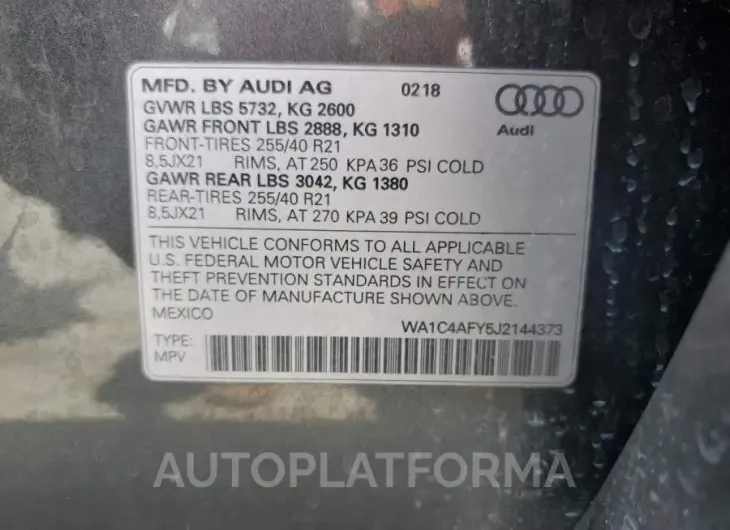 AUDI SQ5 PRESTI 2018 vin WA1C4AFY5J2144373 from auto auction Copart