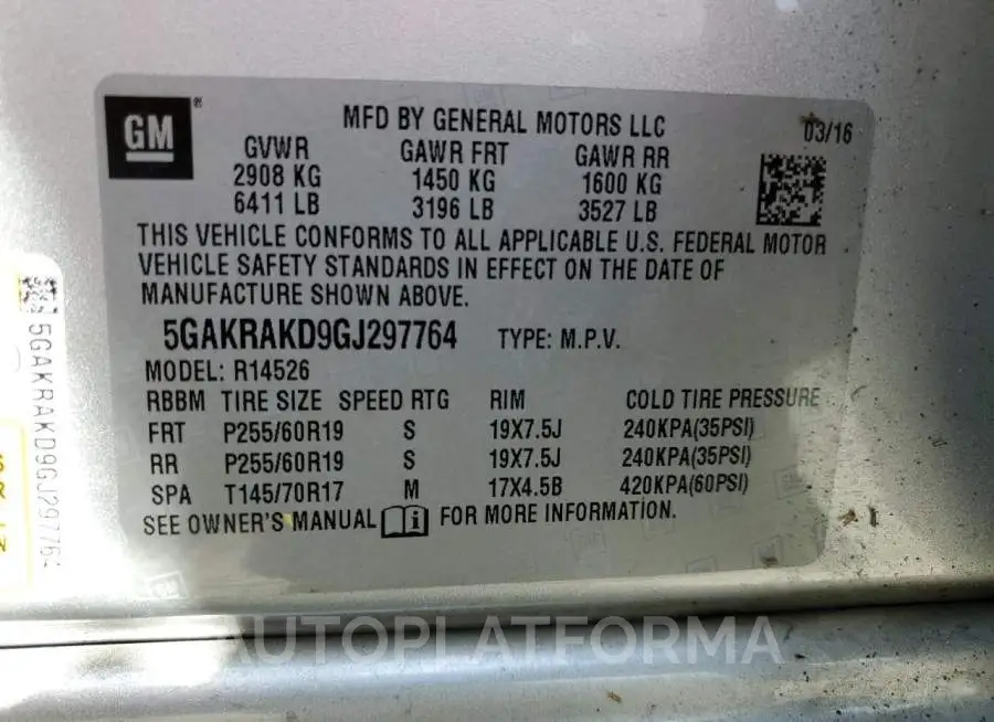 BUICK ENCLAVE 2016 vin 5GAKRAKD9GJ297764 from auto auction Copart