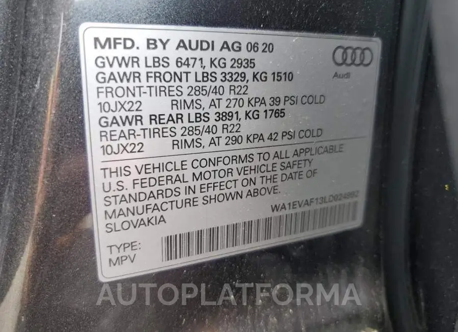 AUDI Q8 PREMIUM 2020 vin WA1EVAF13LD024992 from auto auction Copart