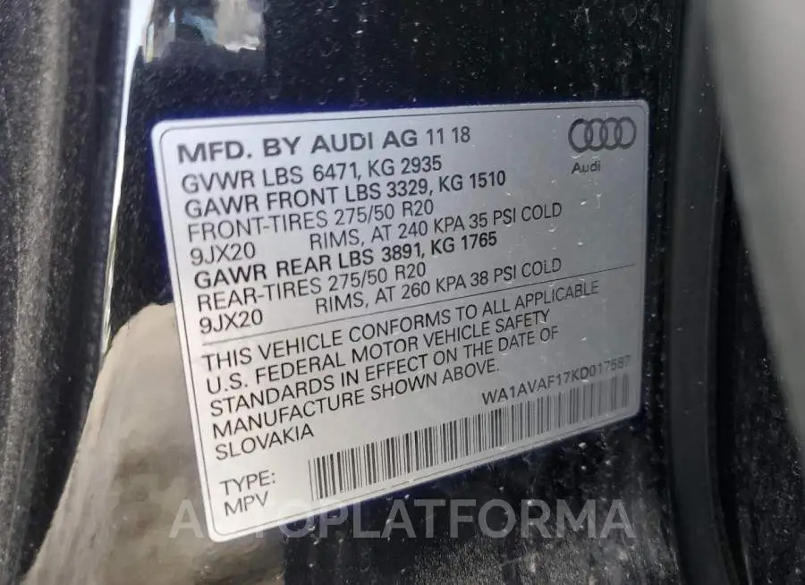 AUDI Q8 PREMIUM 2019 vin WA1AVAF17KD017587 from auto auction Copart