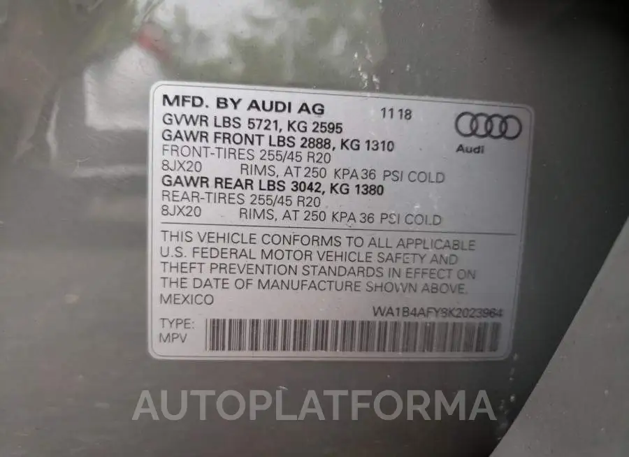 AUDI SQ5 PREMIU 2019 vin WA1B4AFY8K2023964 from auto auction Copart