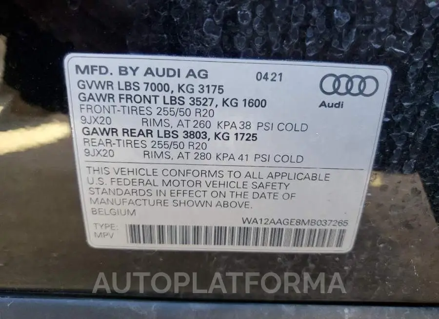 AUDI E-TRON SPO 2021 vin WA12AAGE8MB037265 from auto auction Copart