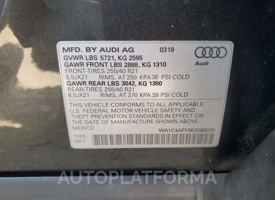 AUDI SQ5 PRESTI 2019 vin WA1C4AFY3K2089245 from auto auction Copart