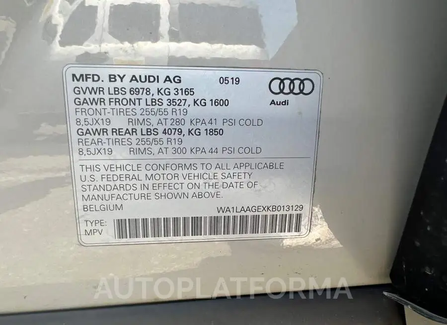 AUDI E-TRON PRE 2019 vin WA1LAAGEXKB013129 from auto auction Copart