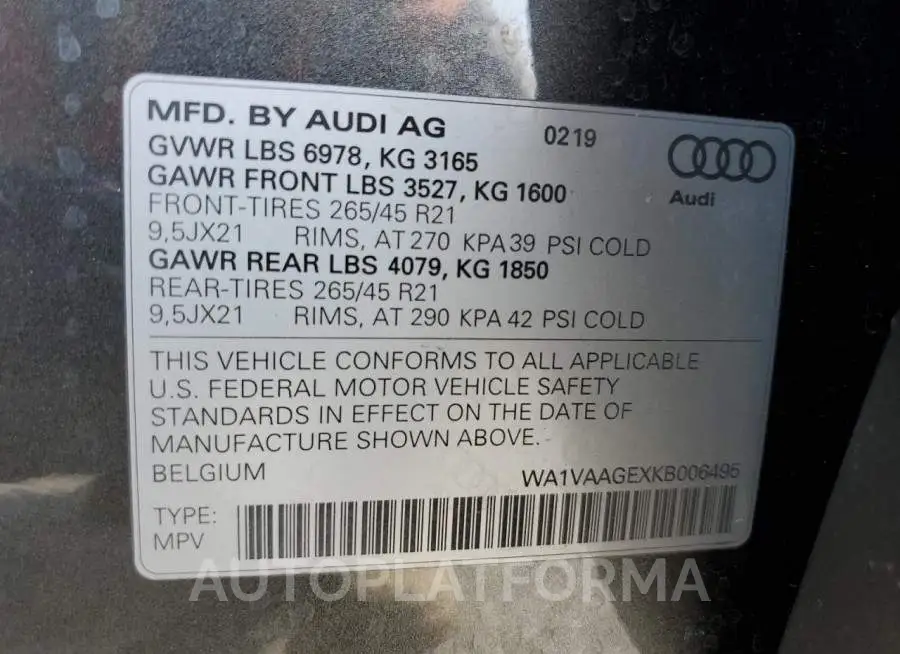 AUDI E-TRON PRE 2019 vin WA1VAAGEXKB006495 from auto auction Copart