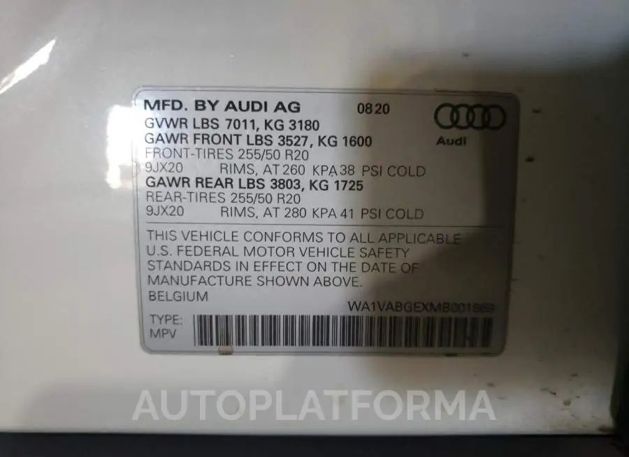 AUDI E-TRON PRE 2021 vin WA1VABGEXMB001869 from auto auction Copart