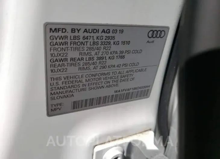 AUDI Q8 PRESTIG 2019 vin WA1FVAF18KD033044 from auto auction Copart