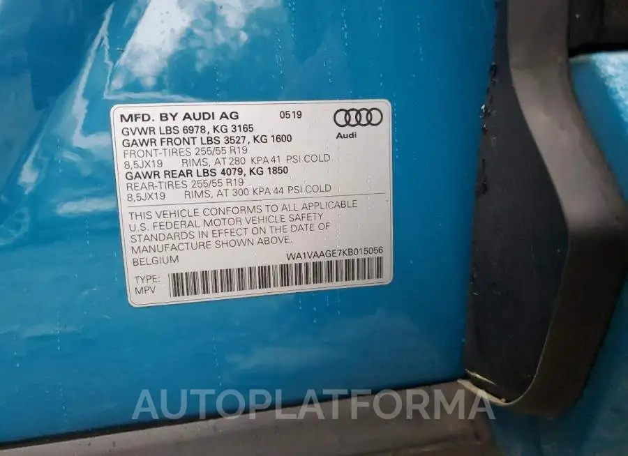 AUDI E-TRON PRE 2019 vin WA1VAAGE7KB015056 from auto auction Copart