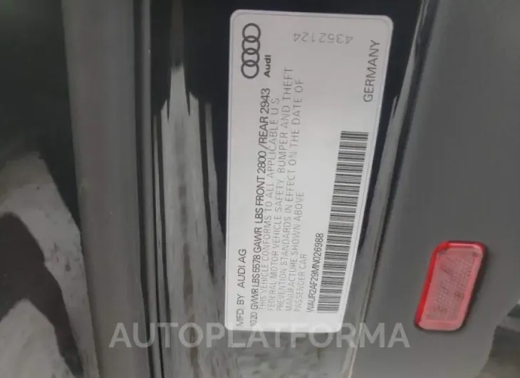 AUDI A7 PREMIUM 2021 vin WAUR2AF29MN026988 from auto auction Copart