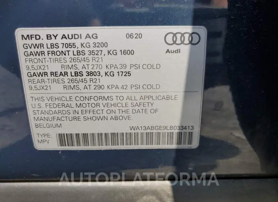 AUDI E-TRON SPO 2020 vin WA13ABGE9LB033413 from auto auction Copart