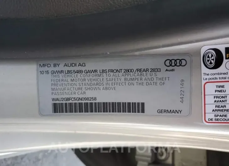 AUDI A7 PRESTIG 2016 vin WAU2GBFC5GN098258 from auto auction Copart