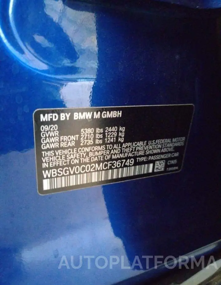 BMW M8 2021 vin WBSGV0C02MCF36749 from auto auction Copart