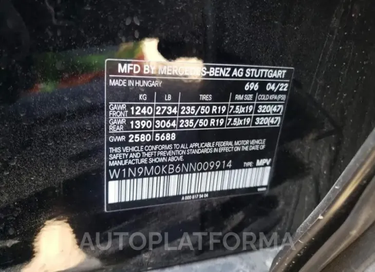 MERCEDES-BENZ EQB 300 4M 2022 vin W1N9M0KB6NN009914 from auto auction Copart