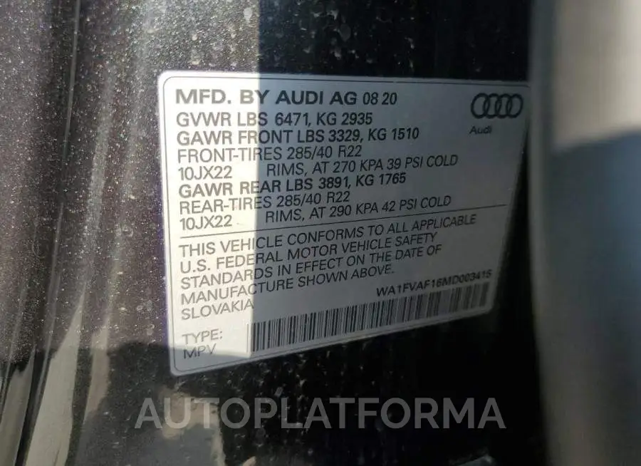 AUDI Q8 PRESTIG 2021 vin WA1FVAF16MD003415 from auto auction Copart