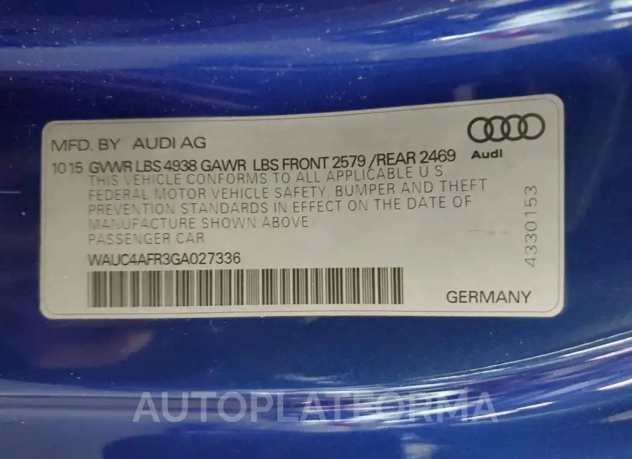 AUDI S5 PREMIUM 2016 vin WAUC4AFR3GA027336 from auto auction Copart