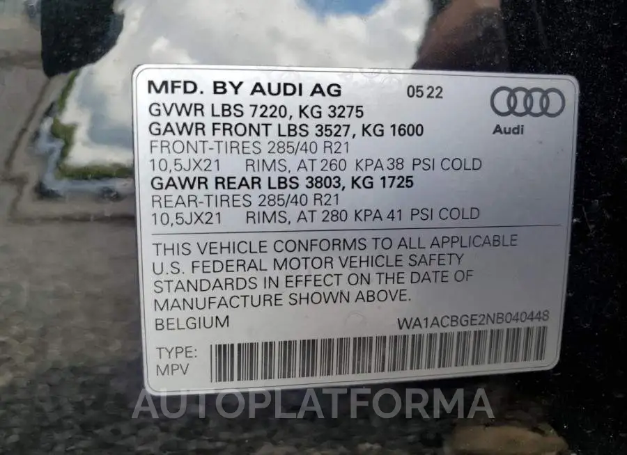 AUDI E-TRON S P 2022 vin WA1ACBGE2NB040448 from auto auction Copart