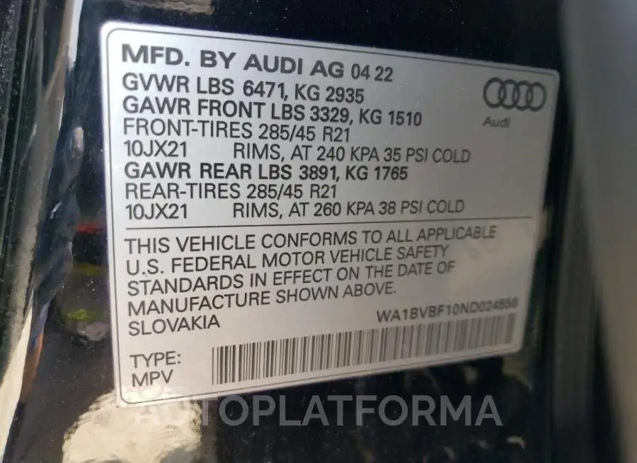 AUDI Q8 PREMIUM 2022 vin WA1BVBF10ND024556 from auto auction Copart