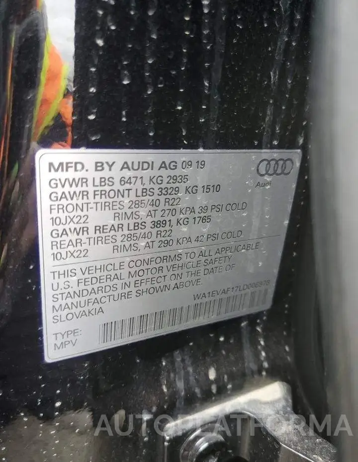 AUDI Q8 PREMIUM 2020 vin WA1EVAF17LD006978 from auto auction Copart