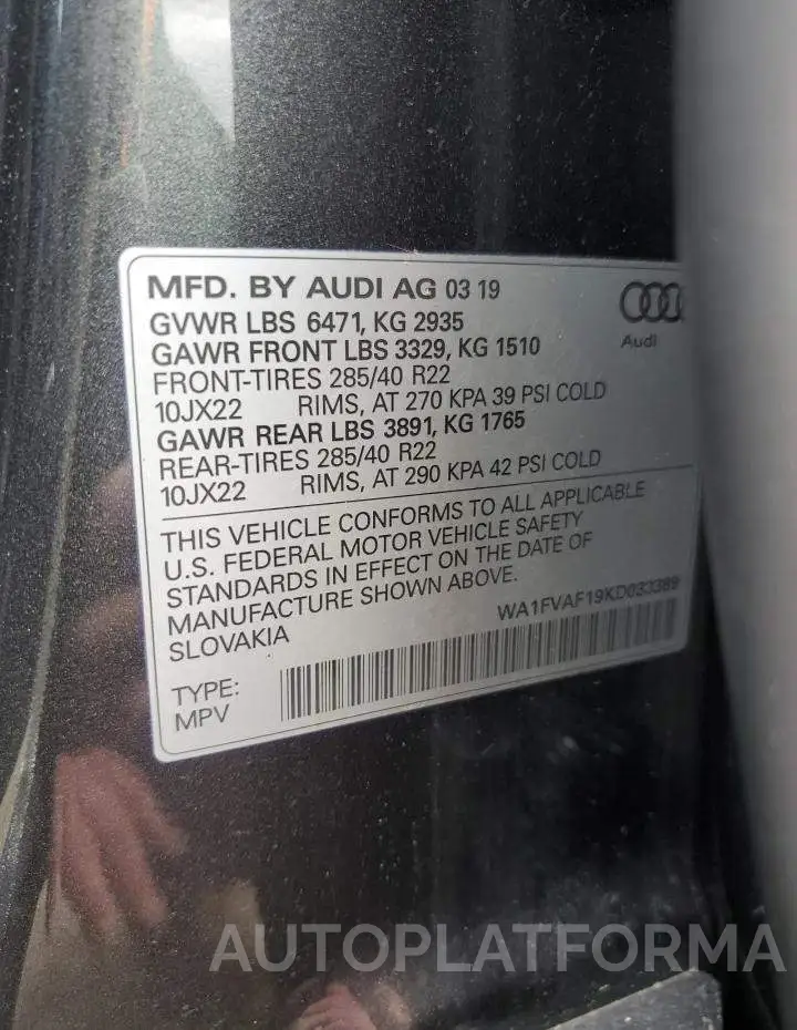 AUDI Q8 PRESTIG 2019 vin WA1FVAF19KD033389 from auto auction Copart