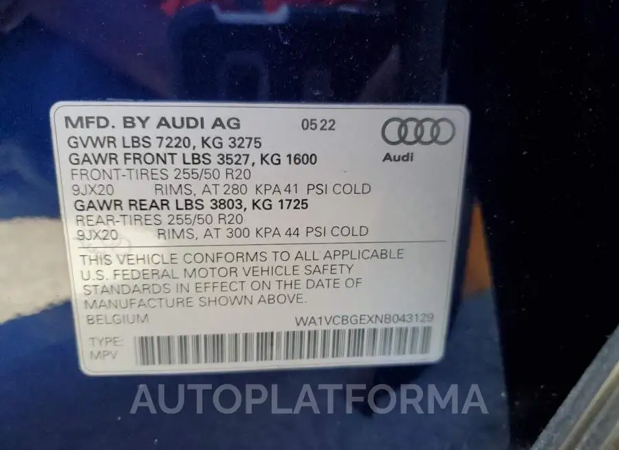 AUDI E-TRON S P 2022 vin WA1VCBGEXNB043129 from auto auction Copart