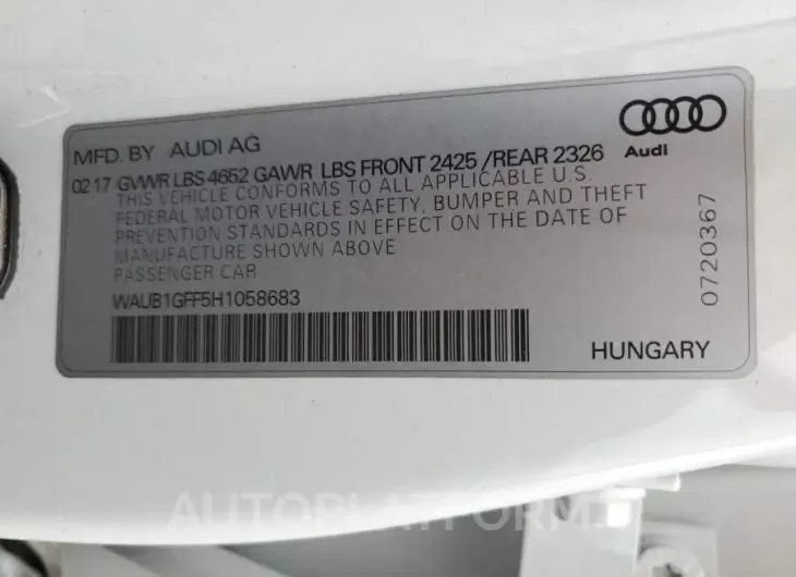 AUDI S3 PREMIUM 2017 vin WAUB1GFF5H1058683 from auto auction Copart