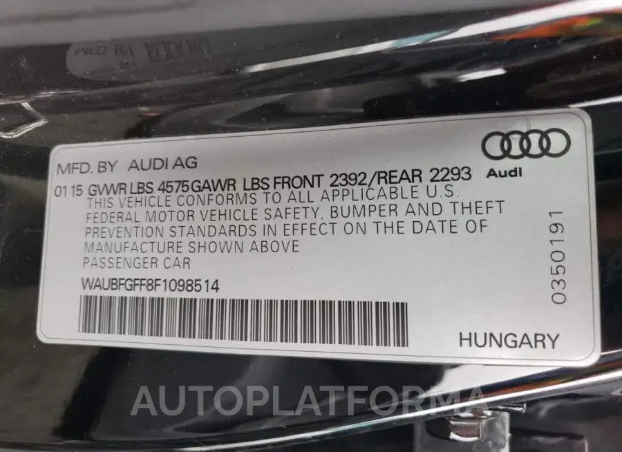 AUDI S3 PREMIUM 2015 vin WAUBFGFF8F1098514 from auto auction Copart