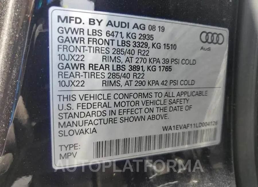 AUDI Q8 PREMIUM 2020 vin WA1EVAF11LD004126 from auto auction Copart