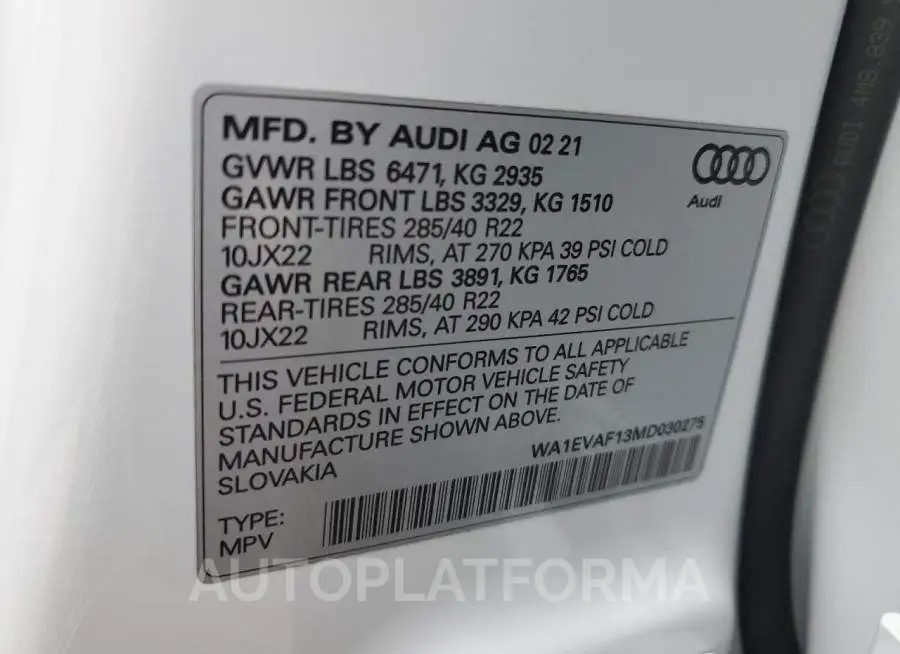 AUDI Q8 PREMIUM 2021 vin WA1EVAF13MD030275 from auto auction Copart