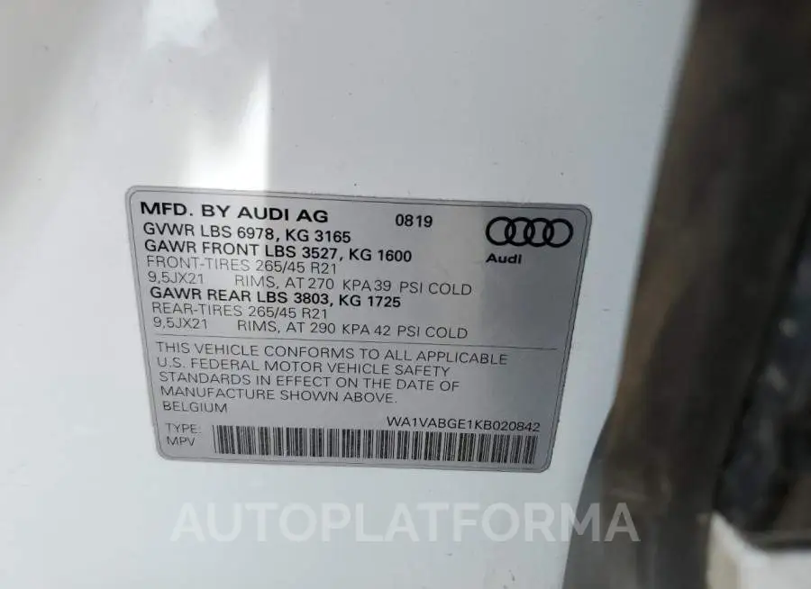 AUDI E-TRON PRE 2019 vin WA1VABGE1KB020842 from auto auction Copart