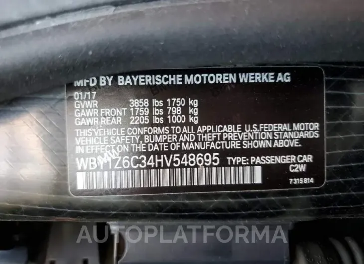 BMW I3 BEV 2017 vin WBY1Z6C34HV548695 from auto auction Copart