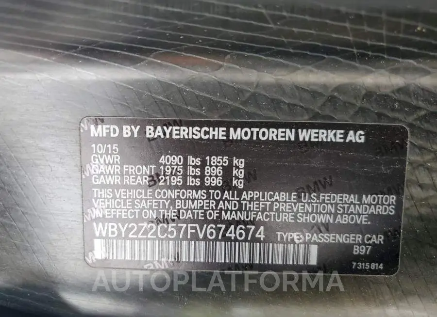 BMW I8 2015 vin WBY2Z2C57FV674674 from auto auction Copart