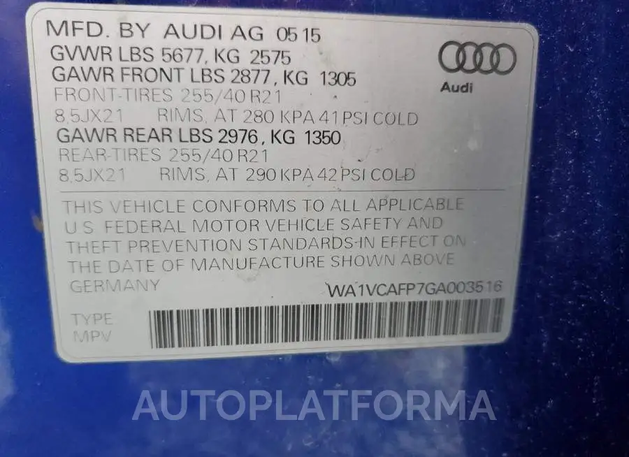 AUDI SQ5 PRESTI 2016 vin WA1VCAFP7GA003516 from auto auction Copart