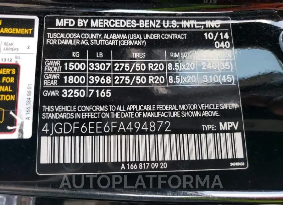 MERCEDES-BENZ GL 450 4MA 2015 vin 4JGDF6EE6FA494872 from auto auction Copart