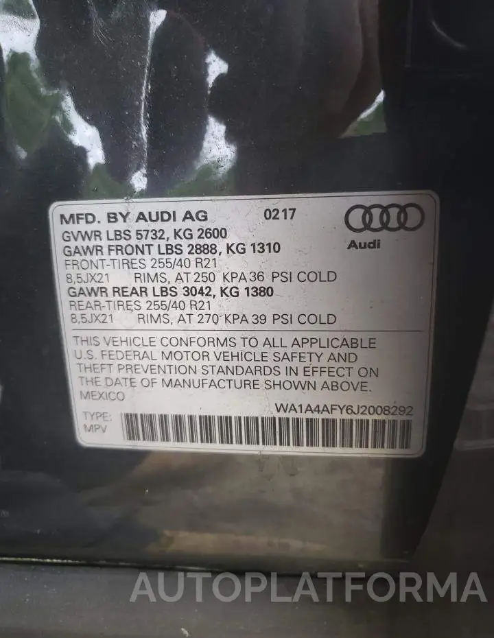 AUDI SQ5 PREMIU 2018 vin WA1A4AFY6J2008292 from auto auction Copart