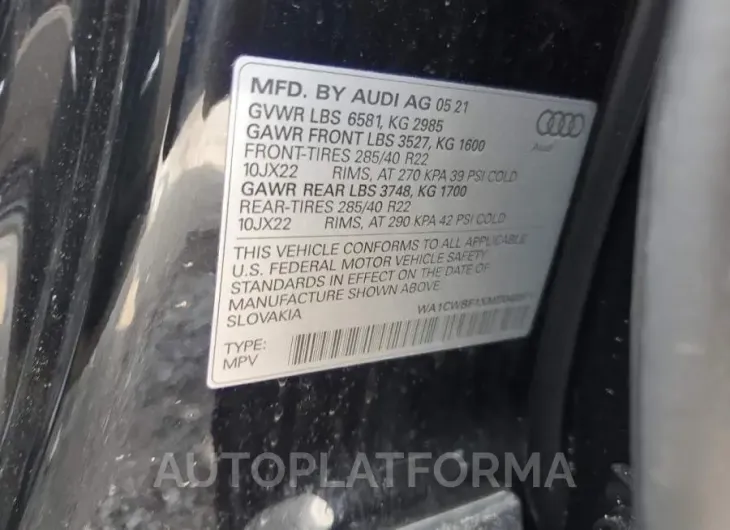 AUDI SQ8 PRESTI 2021 vin WA1CWBF1XMD040571 from auto auction Copart