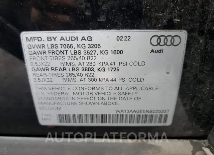 AUDI E-TRON SPO 2022 vin WA13AAGE5NB025337 from auto auction Copart