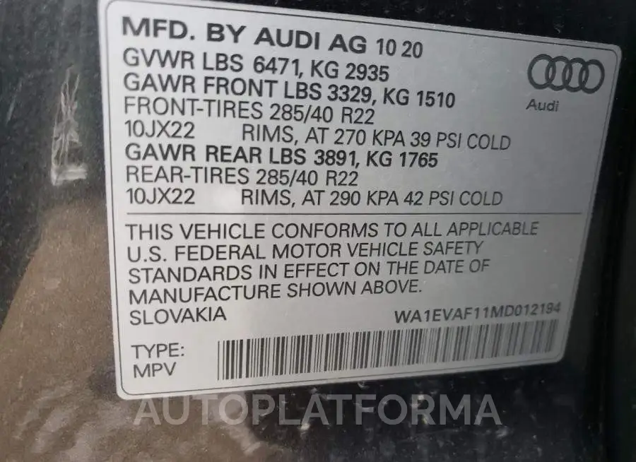 AUDI Q8 PREMIUM 2021 vin WA1EVAF11MD012194 from auto auction Copart