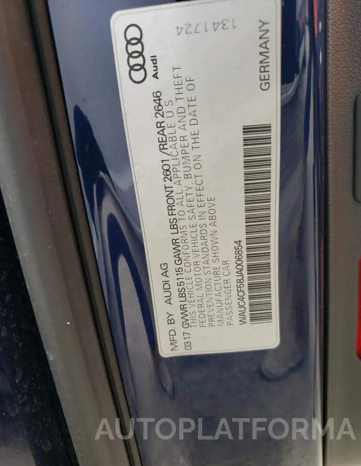 AUDI S5 PRESTIG 2018 vin WAUC4CF58JA006854 from auto auction Copart