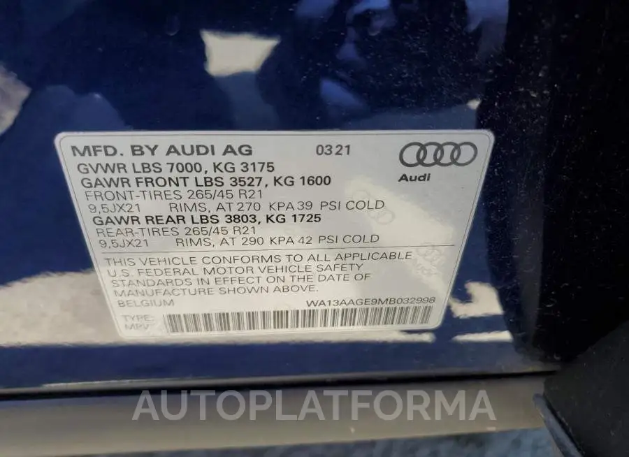 AUDI E-TRON SPO 2021 vin WA13AAGE9MB032998 from auto auction Copart