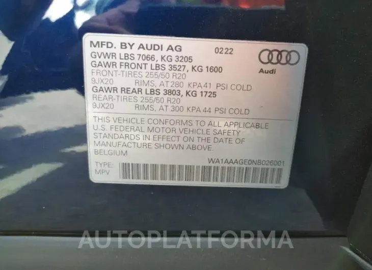 AUDI E-TRON PRE 2022 vin WA1AAAGE0NB026001 from auto auction Copart