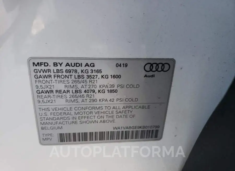 AUDI E-TRON PRE 2019 vin WA1VABGE9KB010799 from auto auction Copart