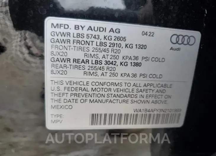 AUDI SQ5 PREMIU 2022 vin WA1B4AFY3N2101989 from auto auction Copart