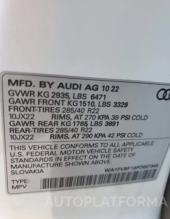 AUDI Q8 PRESTIG 2023 vin WA1FVBF16PD007345 from auto auction Copart