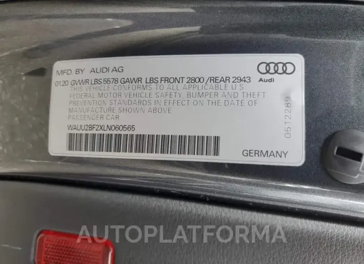 AUDI A7 PREMIUM 2020 vin WAUU2BF2XLN060565 from auto auction Copart