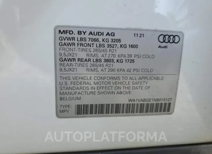 AUDI E-TRON CHR 2022 vin WA1VABGE1NB015127 from auto auction Copart