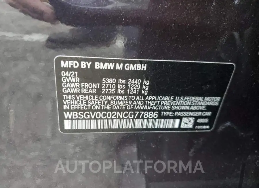 BMW M8 2022 vin WBSGV0C02NCG77886 from auto auction Copart