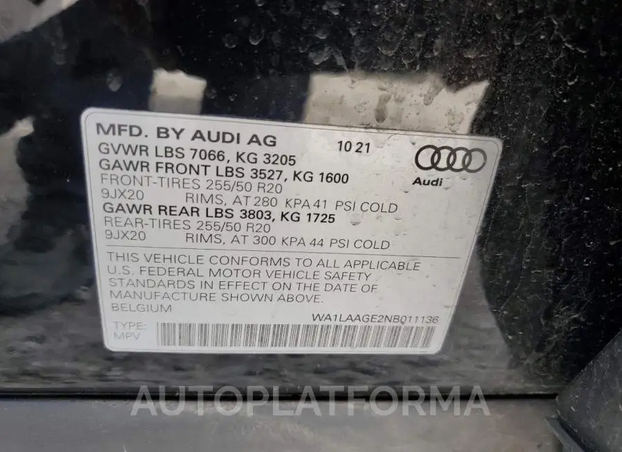 AUDI E-TRON PRE 2022 vin WA1LAAGE2NB011136 from auto auction Copart