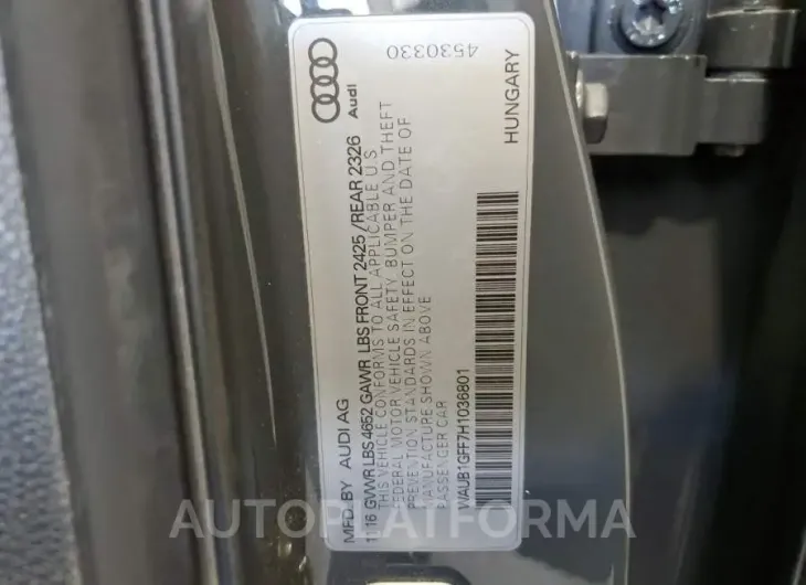 AUDI S3 PREMIUM 2017 vin WAUB1GFF7H1036801 from auto auction Copart