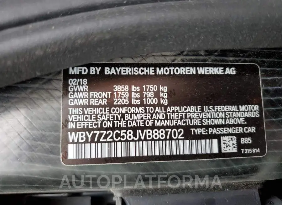 BMW I3 BEV 2018 vin WBY7Z2C58JVB88702 from auto auction Copart